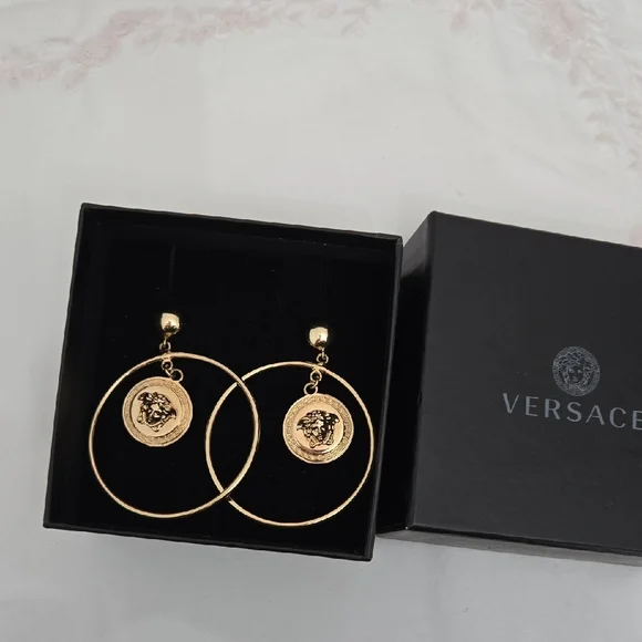 VERSACE Gold Hoop Earrings with Medallion - Picture 4 of 5